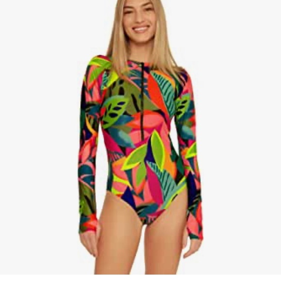 Trina Turk Rainforest Open Back Paddlesuit Rashguard Long Sleeved Swimsuit 1 Pc - Picture 7 of 8